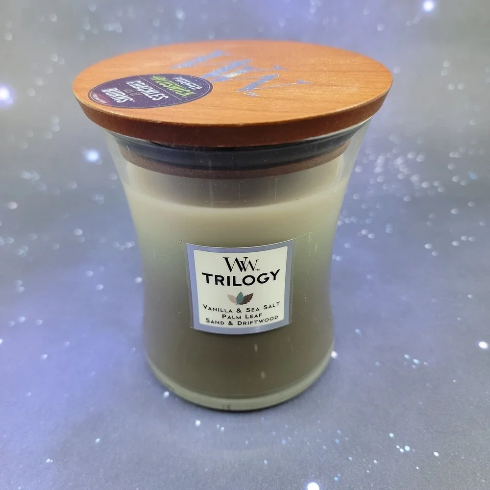 WoodWick Trilogy Vanilla Sea Salt Palm Leaf Sand Driftwood 9.7 Oz Jar Candle New
